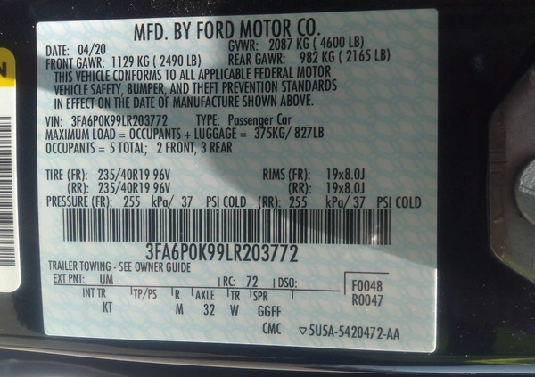 Ford Fusion cena 50000 przebieg: 34421, rok produkcji 2020 z Sośnicowice małe 56